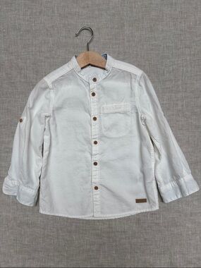 H&M 4T White 100% Cotton Boys Mandarin Collar Button-Up Shirt Long Sleeved